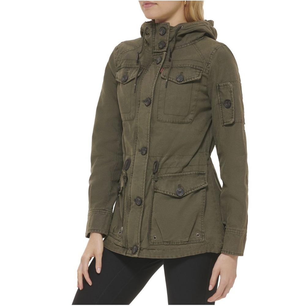 Levis Jacket Olive Green Utility Field Womens Small Hooded Cargo‎ Military Style
